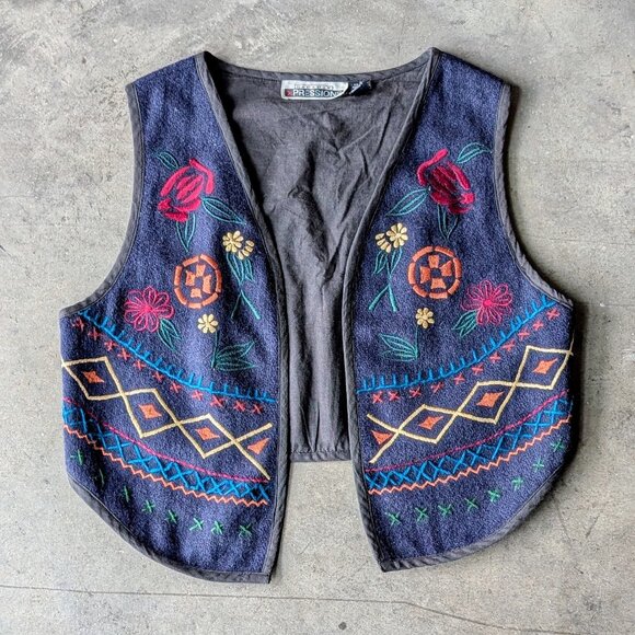 Vintage Body Xpressions Navy Embroidered Wool Felt Vest medium - Picture 2 of 8